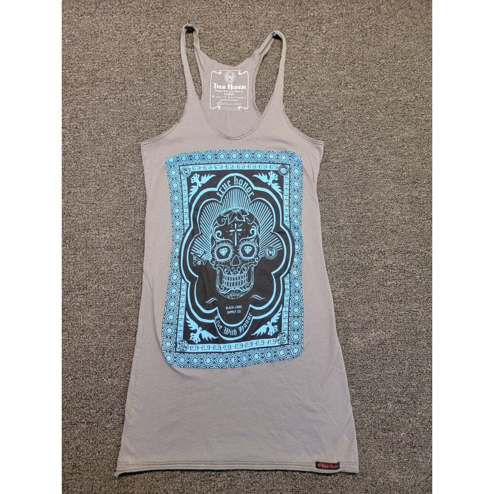 True Honor Women's Large Tank Top Grey Racerback Skull Graphic - Picture 2 of 11